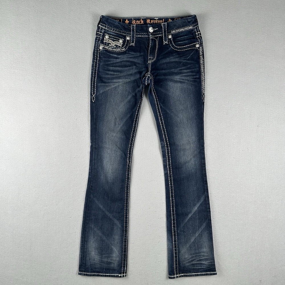Y2K Rock Revival Ava Slim Boot Jeans 27 Blue Denim Rhinestone Studded Low Rise